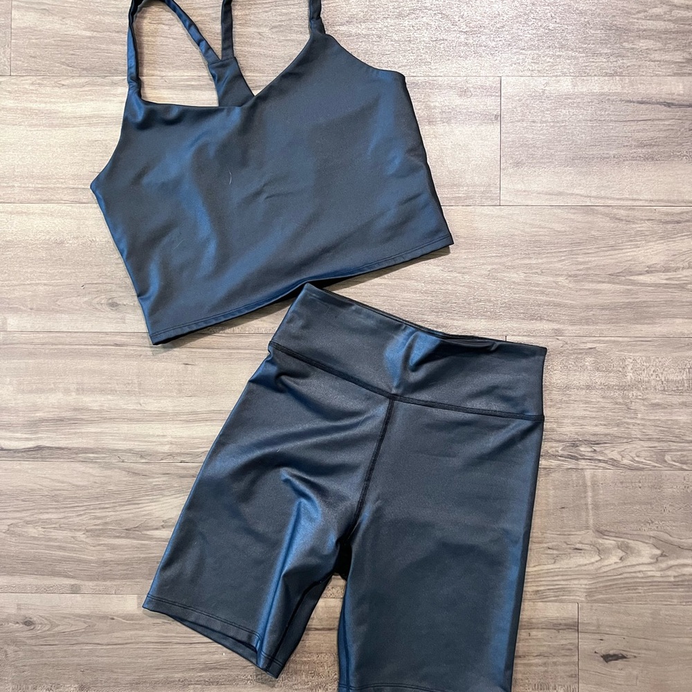 Abercrombie black shiny biker shirt set. Cropped bra and biker shorts